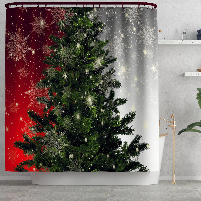 Hot Exclusive for Cross-Border Christmas Elements Printed Mat Four-Piece Set Red and White Background Christmas Tree Waterproof Shower Curtain DIY Pattern