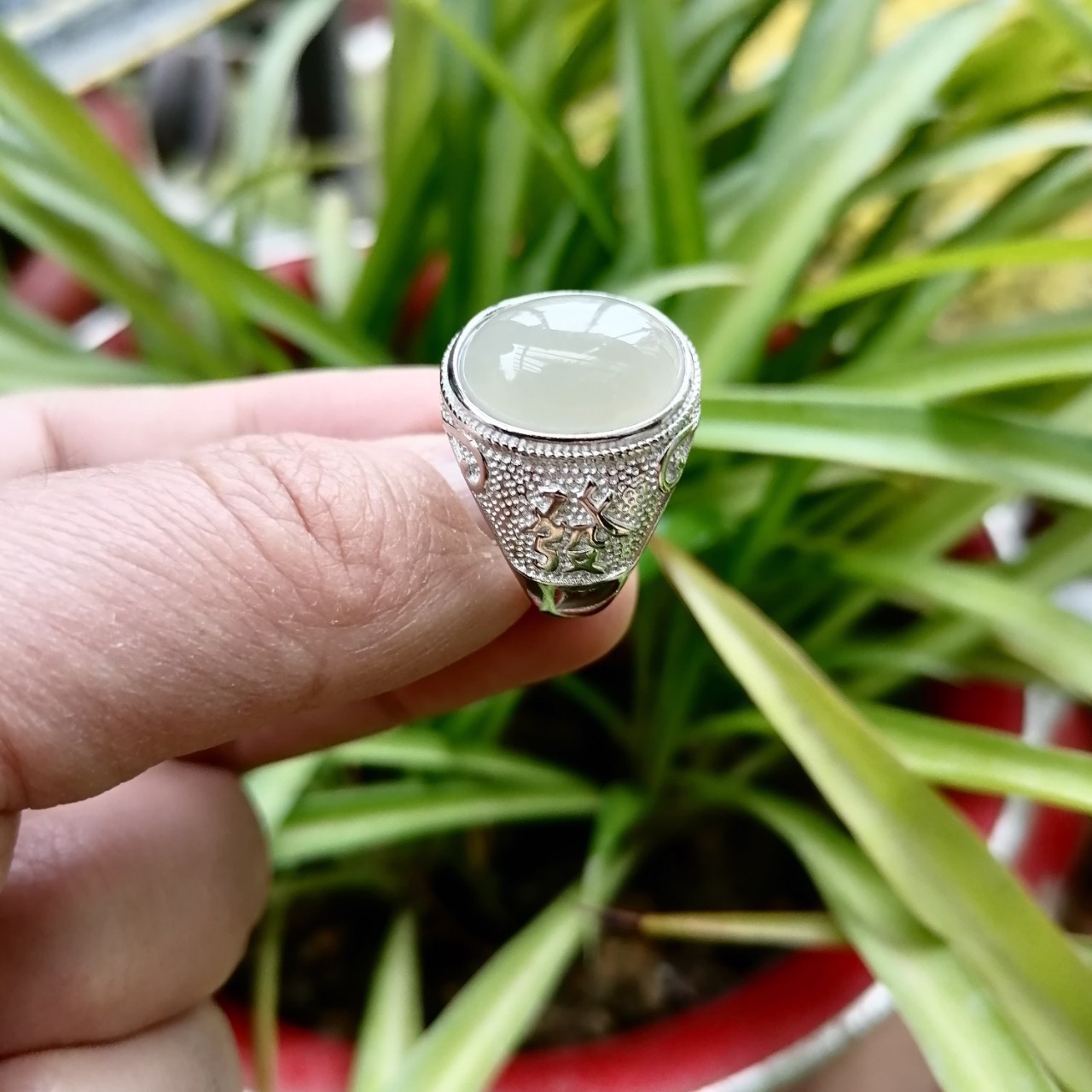 新款s925银镶嵌和田玉戒指白玉戒指男士发字戒指活口男戒