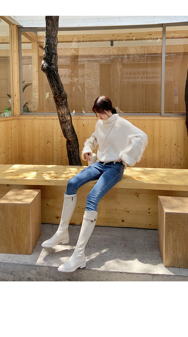 h扣真皮白色长筒靴马靴圆头平底骑士靴高筒靴不过膝长靴女靴