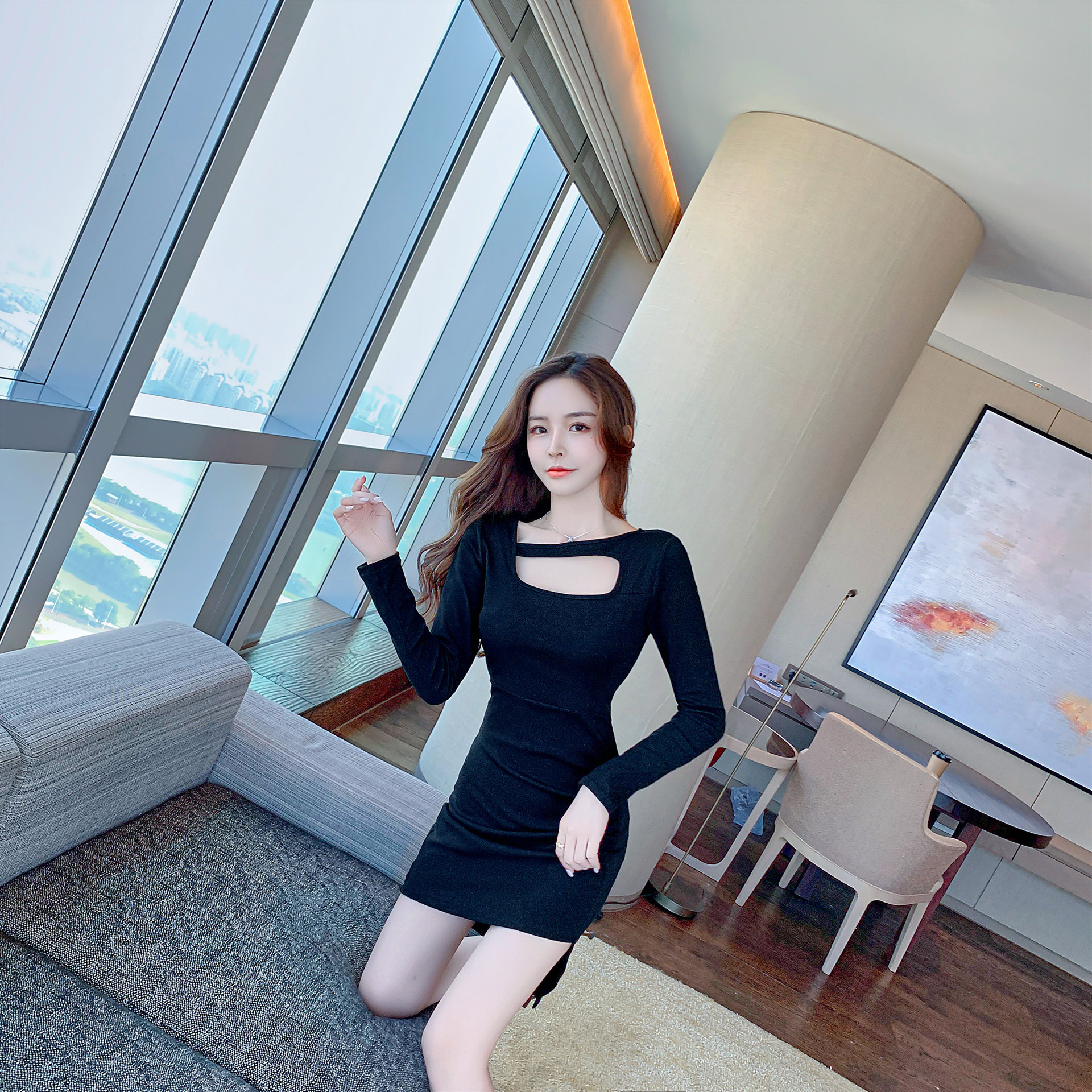 299758女装夜店性感u领低胸修身后长前短包臀裙打底裙长袖连衣裙