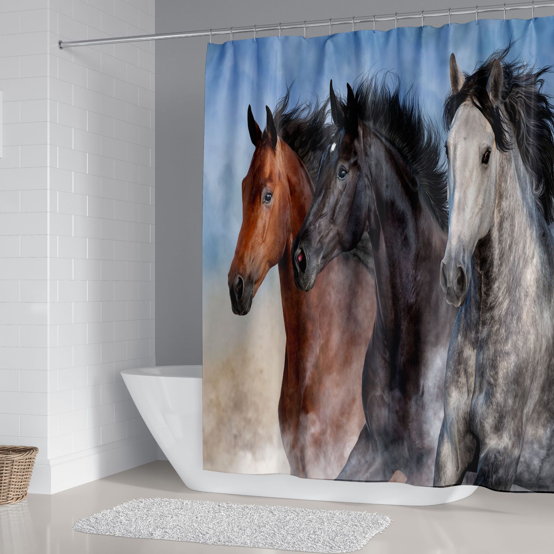 Cross-Border E-Commerce Horse Animal Shower Curtain Set Digital Printing Polyester Shower Curtain Punch-Free Bathroom Curtain Shower Curtain