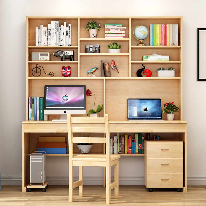 实木书桌书架组合家用带书柜一体电脑桌台式学生写字桌儿童学习桌