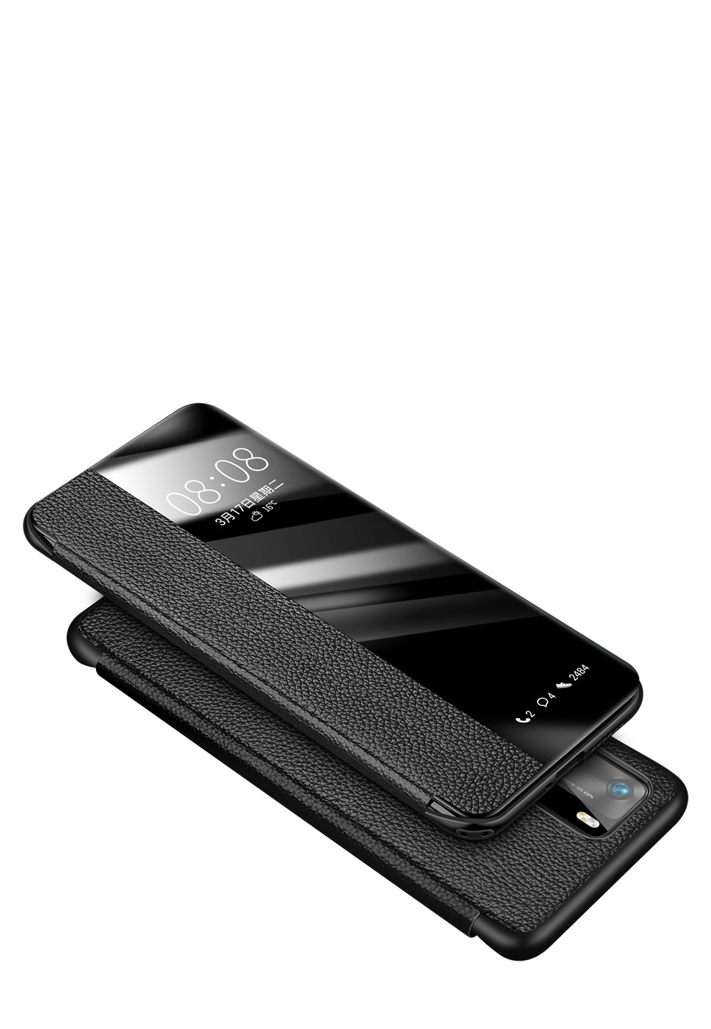 适用于华为p40荔枝纹真皮智能免翻盖手机皮套 p40 pro 牛皮保护套