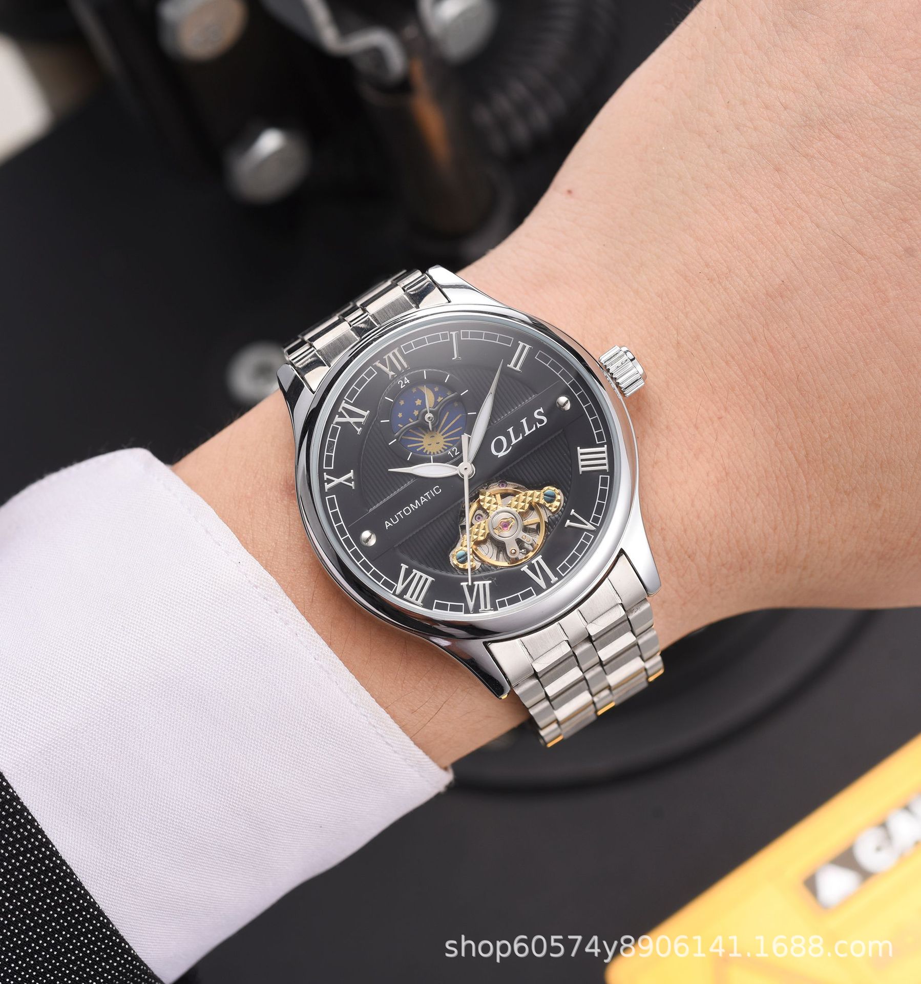 奇洛时全自动机械表商务双面镂空男士手表防水机械手表厂家批发