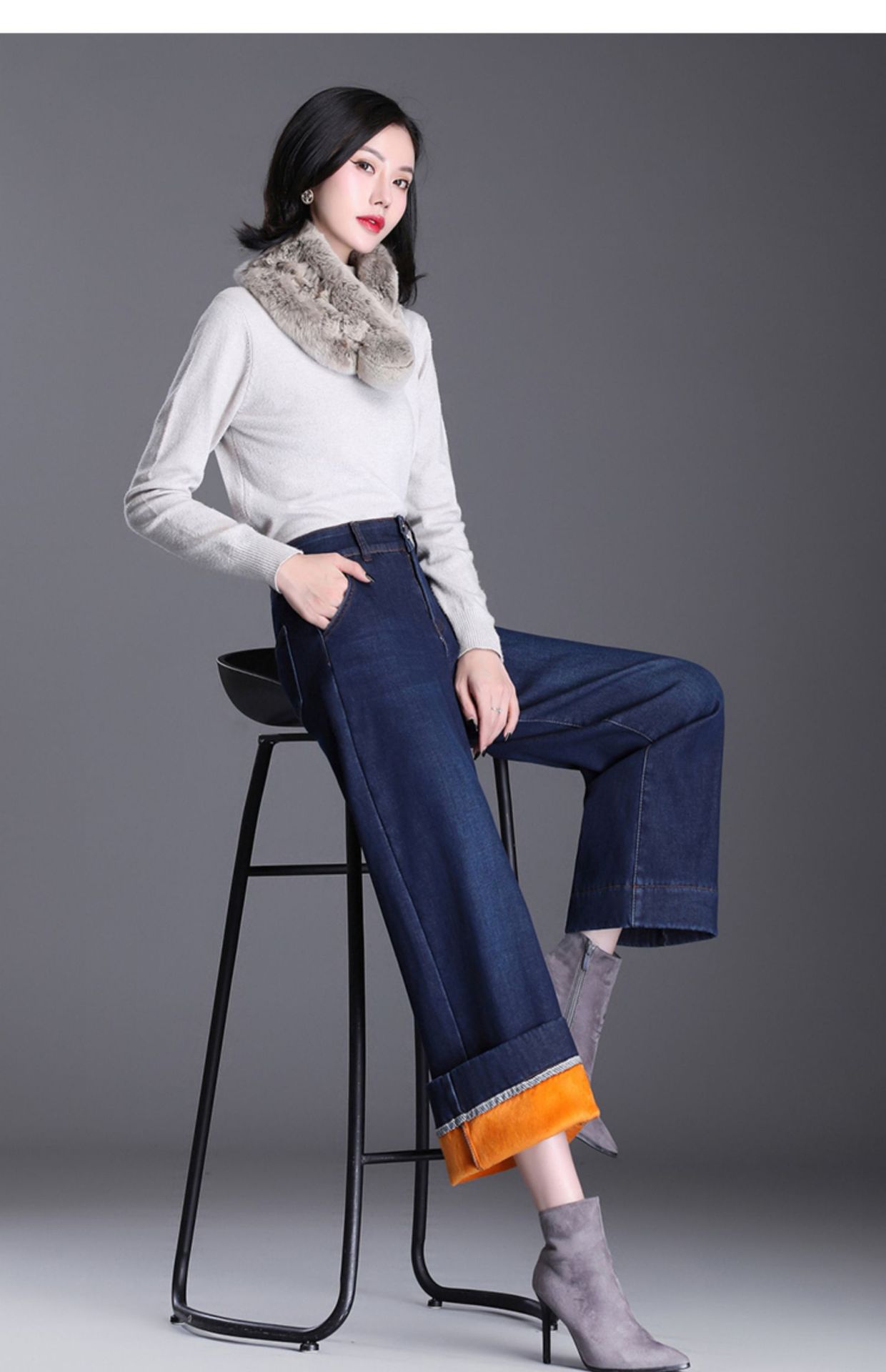 加绒阔腿牛仔裤女冬季加厚中年女士高腰弹力宽松大码直筒宽腿裤子