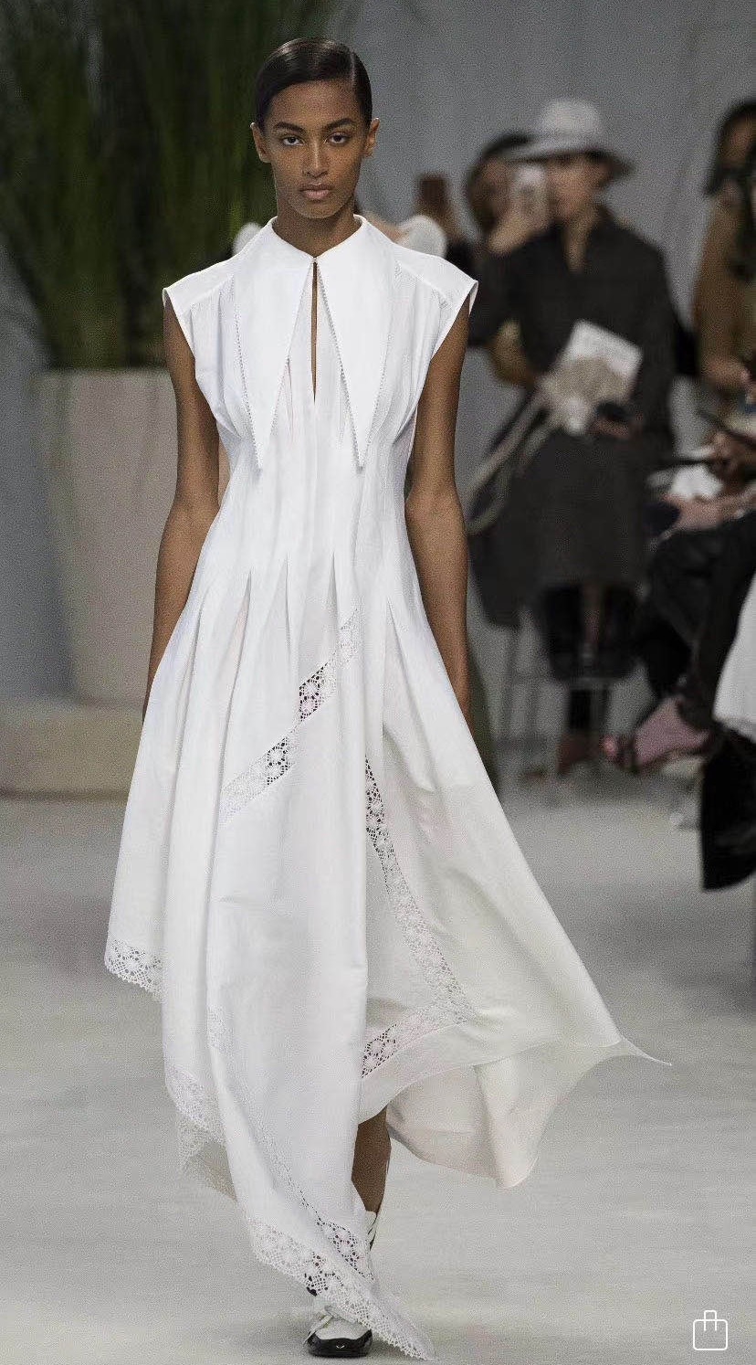 欧美走秀款白色花边拼接不规则下摆收腰显瘦气质款连衣裙