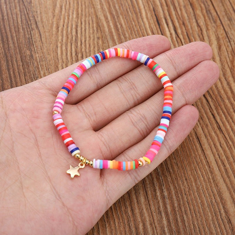 时尚纯色甜美爱心星星四叶草吊坠软陶手链女弹力绳手串