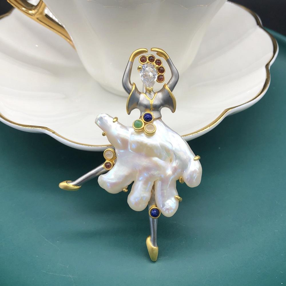 特价原创设计款镶嵌珠宝首饰 天然主石巴洛克异形珍珠吊坠女胸针