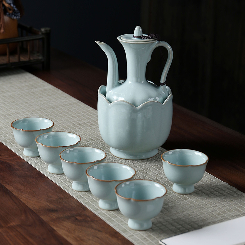 汝窑酒具套装小酒盅陶瓷白酒杯家用分酒器烈酒清酒黄酒仿宋温酒壶