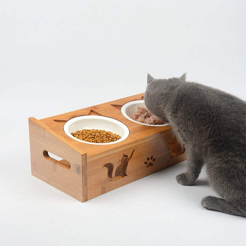 木制猫碗架陶瓷不锈钢食盆宠物碗架双碗单碗护颈椎可定制宠物食具