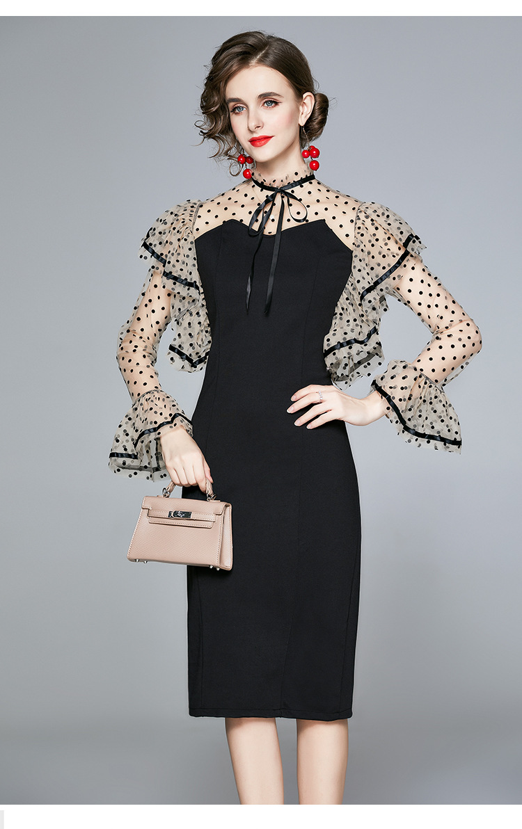 赫本风小黑裙礼服 连衣裙秋2020新款女长袖 立领蝴蝶结拼接一步裙