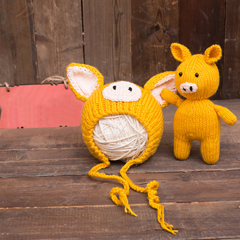 新生婴儿满月百天拍照儿童小猪造型创意手工毛线套装小宝宝摄影服