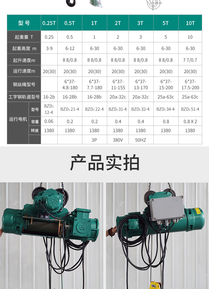 沪工bcd型防爆电动葫芦钢丝绳电动葫芦1吨2吨5吨10吨t行车起重机