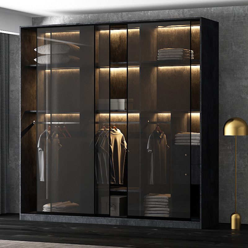 轻奢极简玻璃门家用衣柜实木推拉门滑门卧室整体衣橱定制简约大