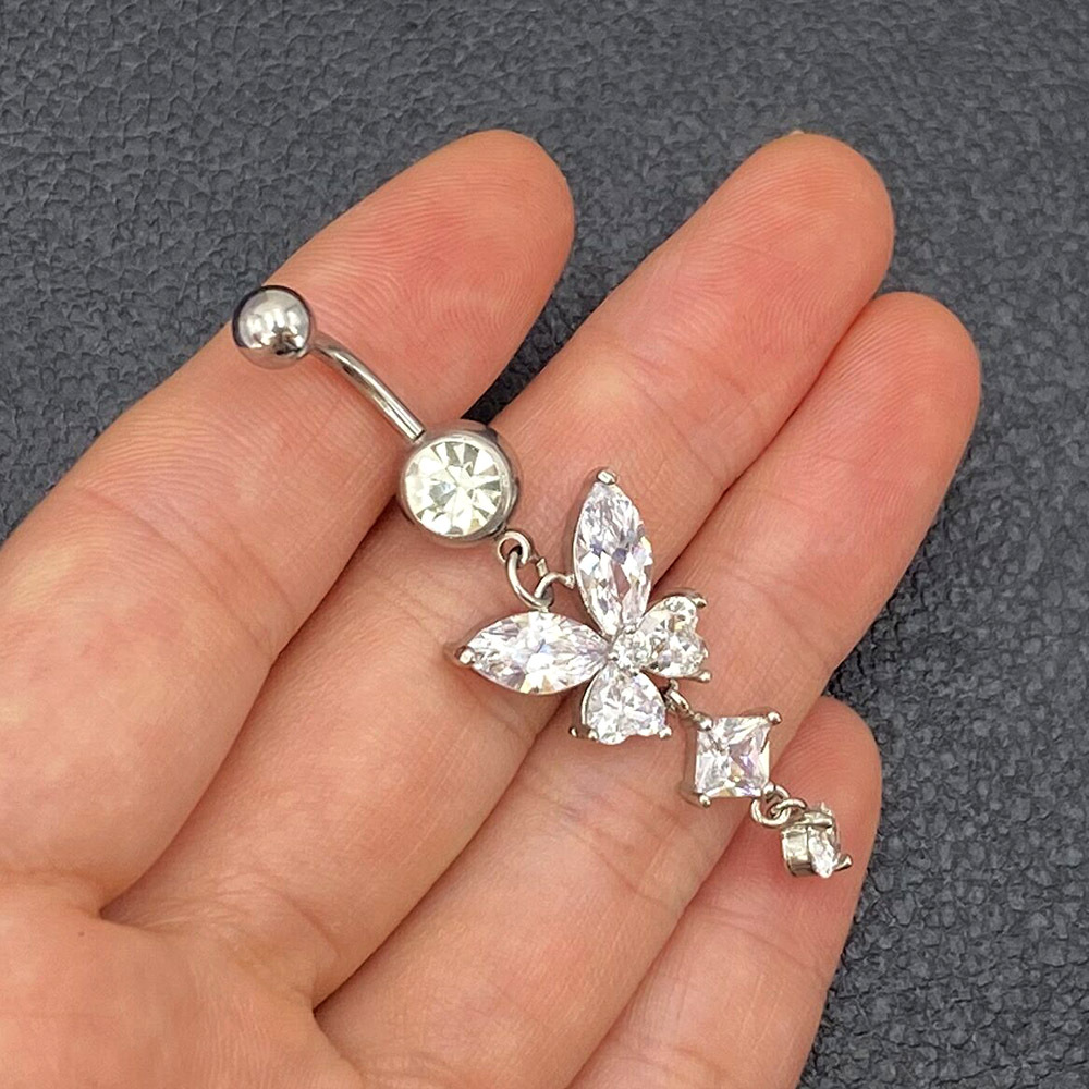 速卖通新款肚脐环不锈钢蝴蝶吊坠肚脐钉锆石肚脐扣身体穿刺饰品