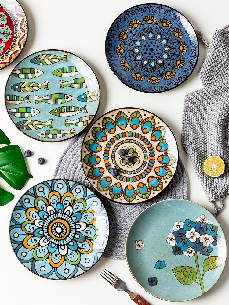 创意陶瓷盘子菜盘家用餐具牛排盘圆形平盘西餐盘手绘欧式釉下彩盘