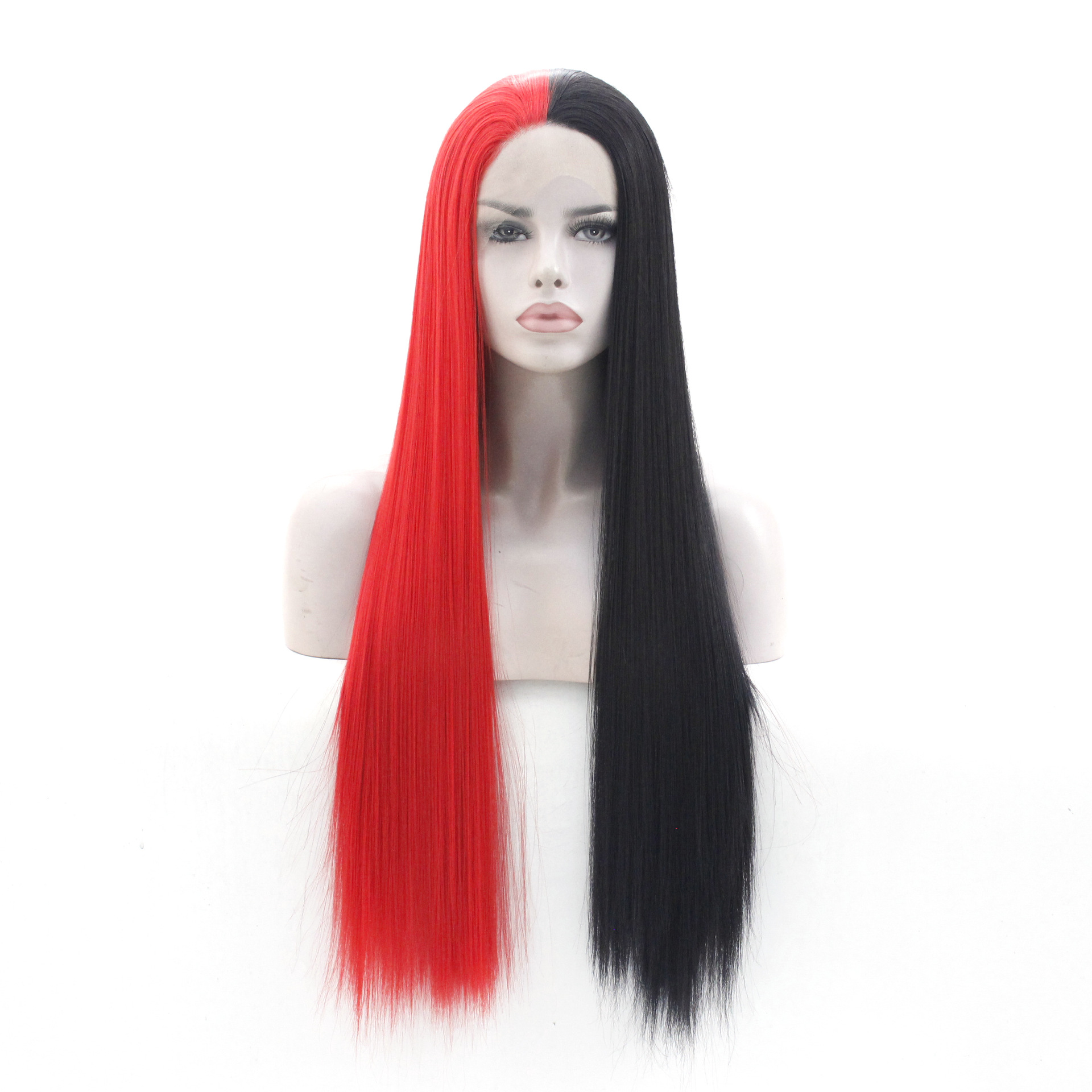 亚马逊新品黑红拼接色长发欧美假发 女士前蕾丝化纤长直发假发套