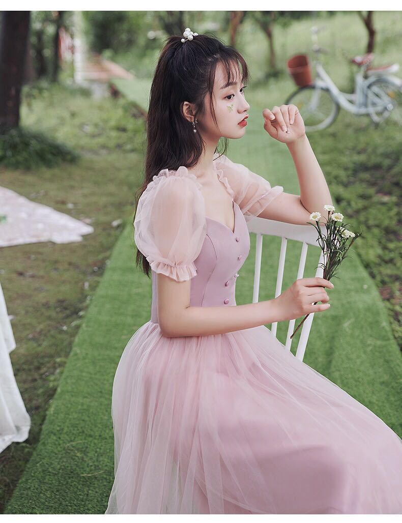 伴娘服粉色中长款2020年新款秋款伴娘团礼服女仙气质显瘦平时可穿
