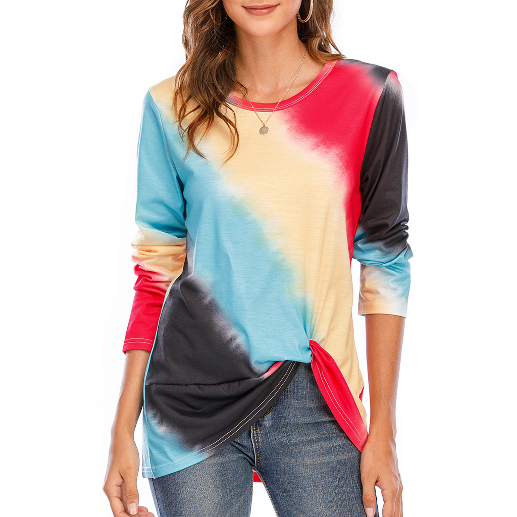 原创设计2020夏季亚马逊新款欧美渐变色 圆领印花长袖t恤上衣女