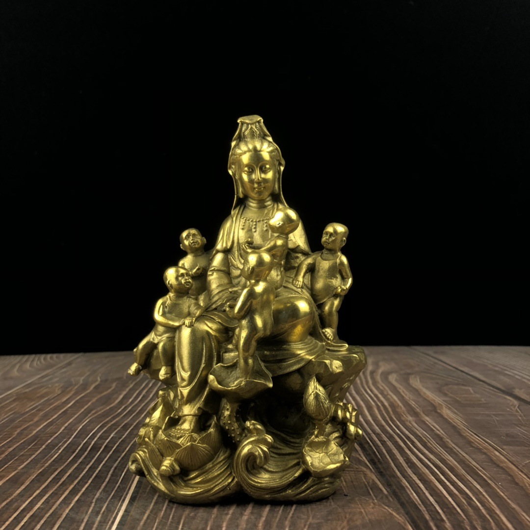纯铜五子观音摆件家居供奉送子观音摆件祝福观音娘娘铜摆设