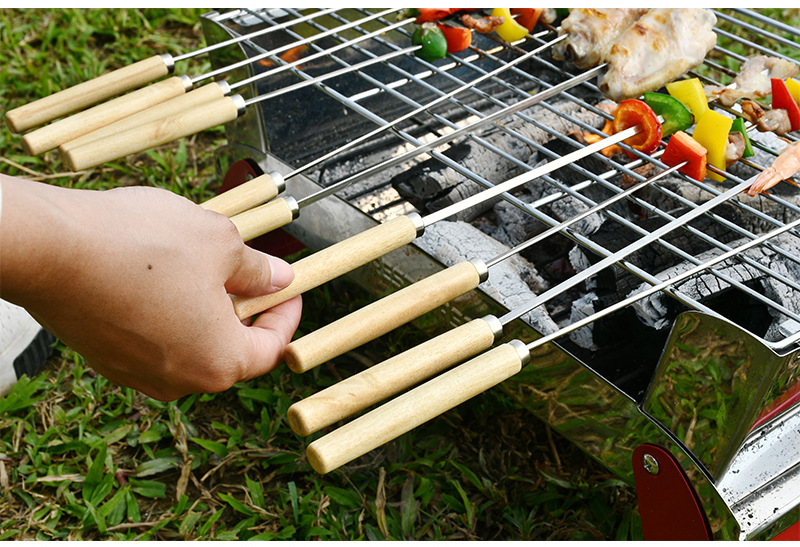 bbq不锈钢烧烤签套装扁平烧烤羊肉串圆型钢针木柄烧烤棒钎亚马逊