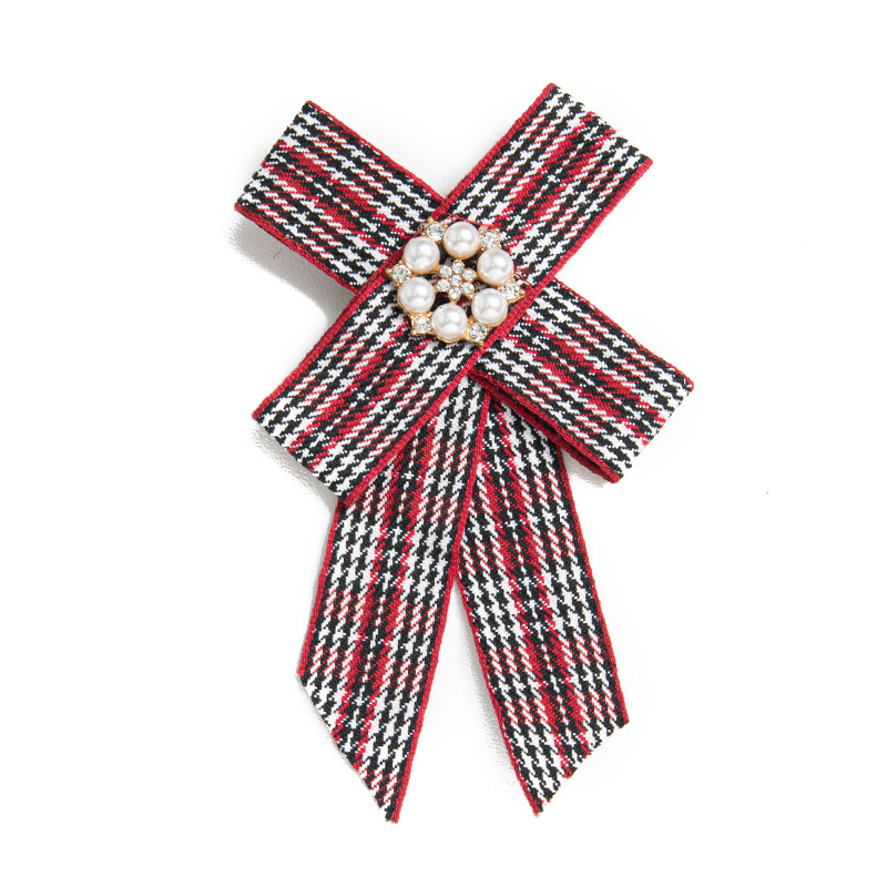 欧美流行复古英伦风蝴蝶结镶嵌珍珠布艺格子领针衣服配饰胸针