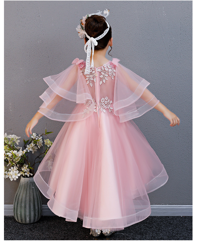 女童礼服花童婚纱模特走秀拖尾小主持人公主裙粉色儿童钢琴演出服