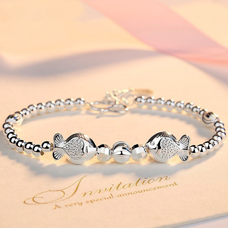 亲嘴鱼转运珠银手链女999纯银百搭双鱼手链99足银手饰情人节礼物