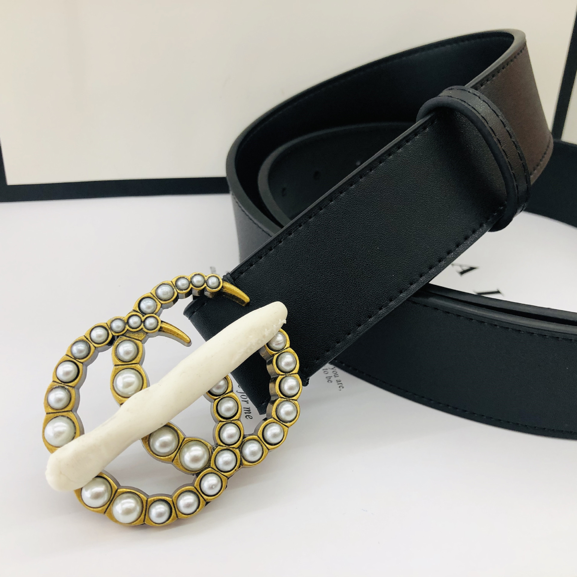 厂家直供网红热款gg皮带女士牛皮腰带时尚休闲百搭珍珠平滑扣腰带