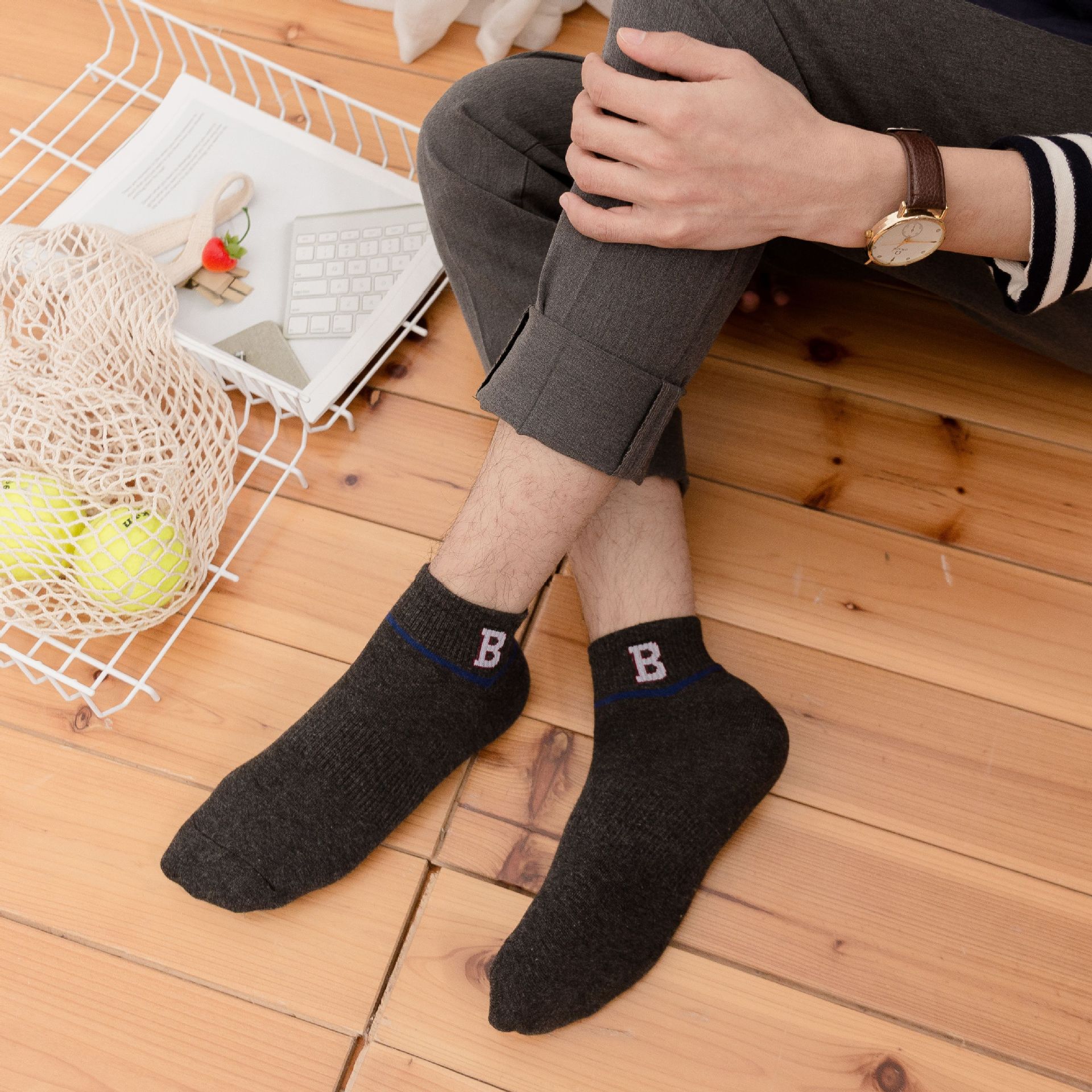 学院风薄款学生袜子提花单杠字母棉质休闲百搭短袜韩版男袜批发
