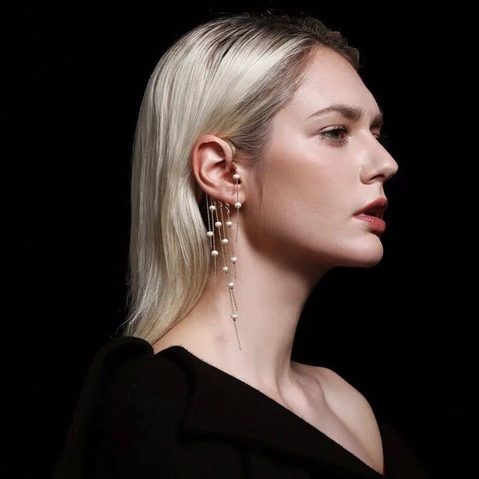 欧美网红长款显瘦气质流苏珍珠耳挂无耳洞耳环耳饰女ears hang