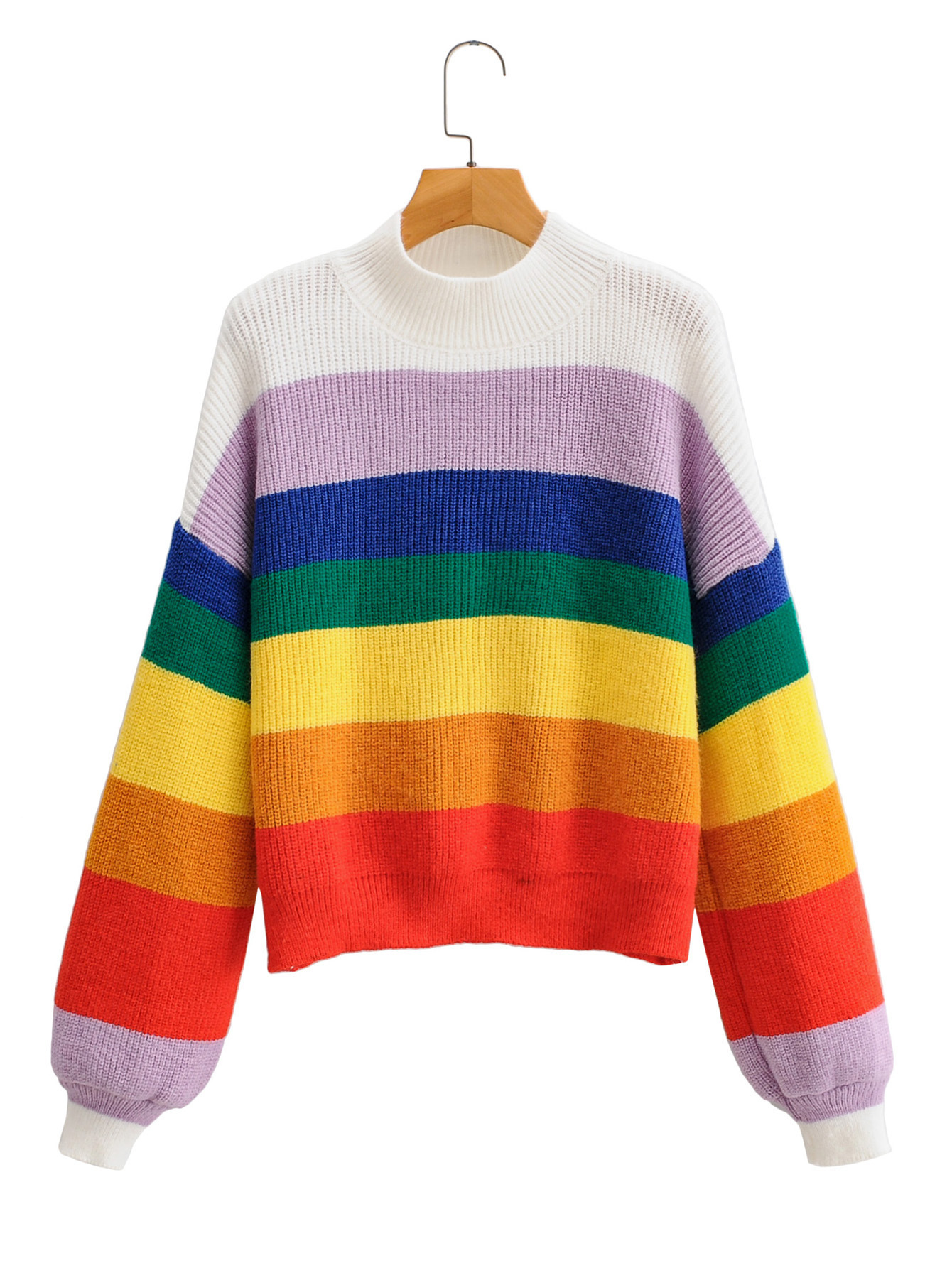 2020秋季外贸代发女装撞色彩条灯笼袖针织套头毛衣