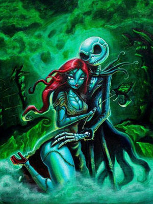 骷髅男女拥抱蓝绿色烟雾风景钻石画