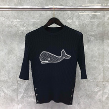 东莞品牌工厂直营TB鲸鱼刺绣针织五分袖半袖羊毛针织圆领T恤