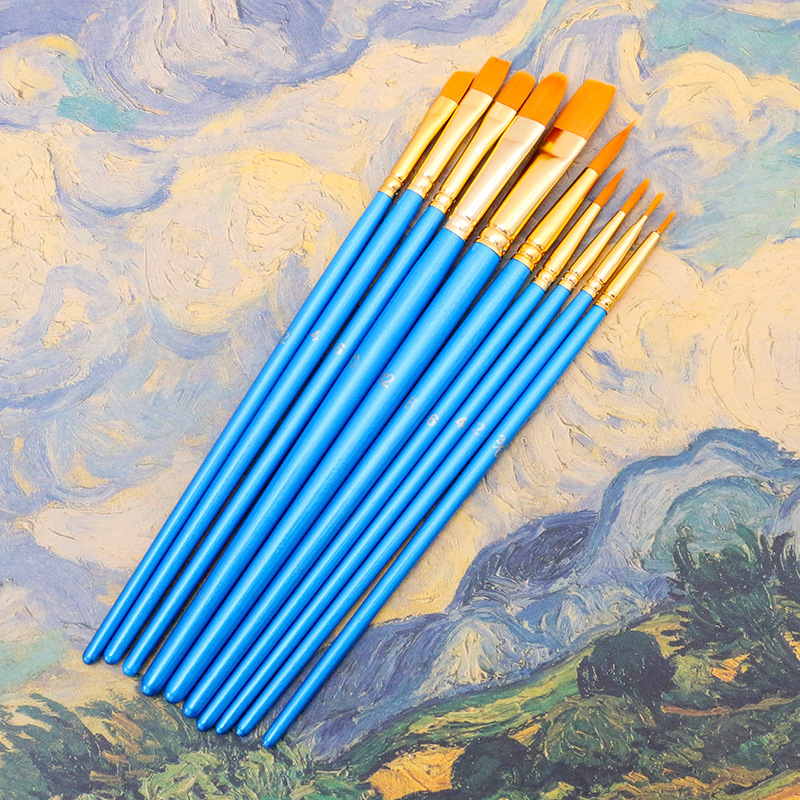 速卖通热销蓝色短杆尼龙画笔10支装油画水彩画笔