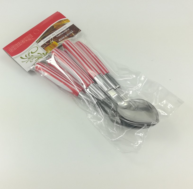 Plastic Handle Tableware Double Color Lines Handle Table Knife Fork Spoon Tea Spoon 6-Piece Set Factory Wholesale