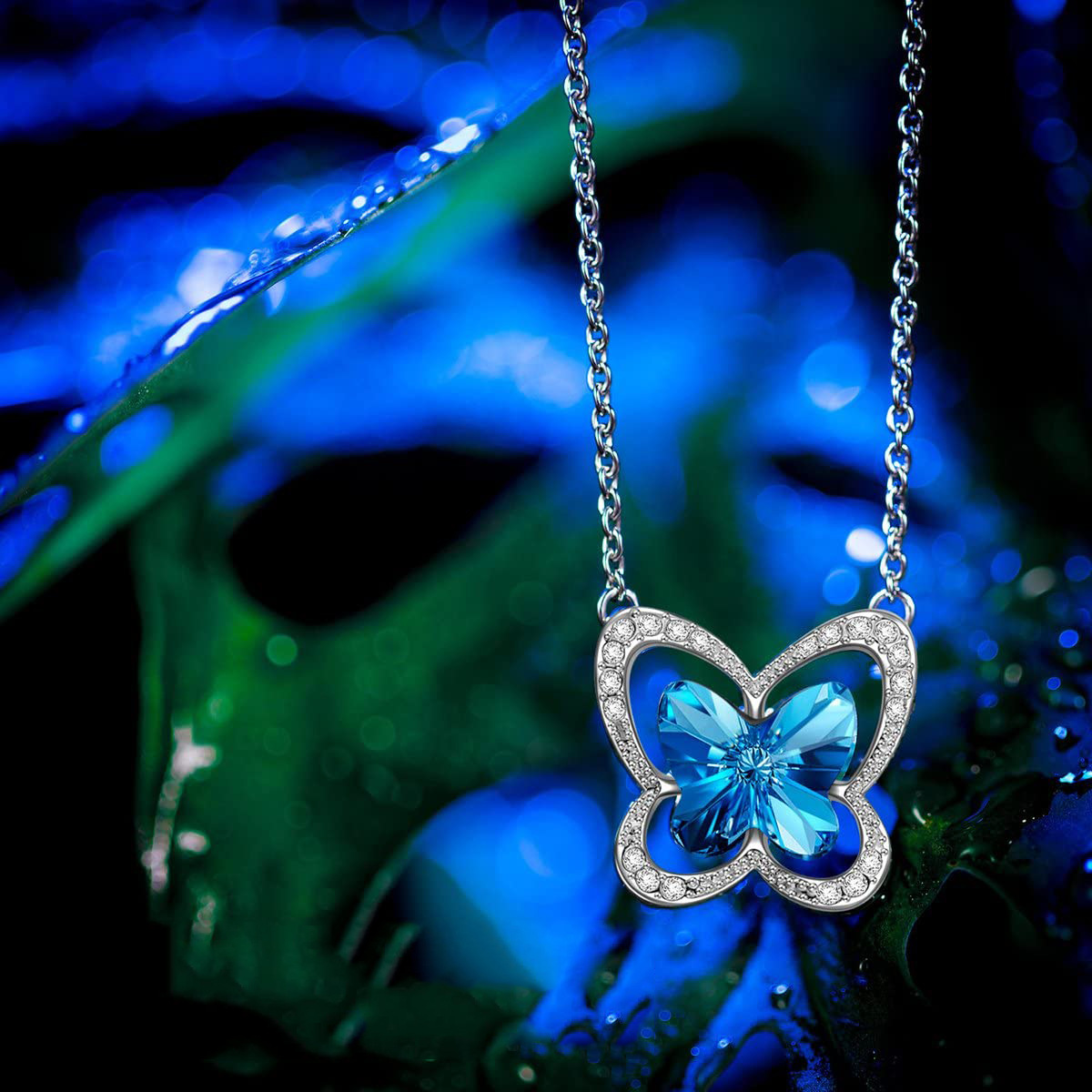 艾儿摩莎采用奥地利水晶蓝蝴蝶项链欧美跨境亚马逊货源一件代发