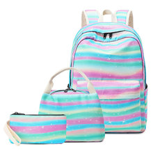 彩虹书包女小学生双肩包女多层轻便大容量帆布包儿童背包包三件套