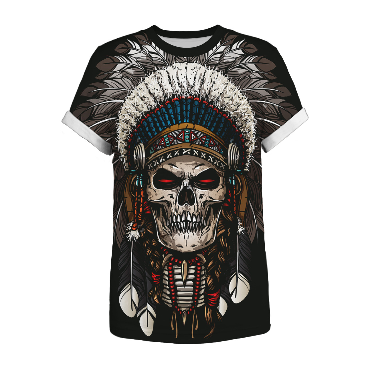 2021春夏季热卖印第安骷髅数码印花t恤 情侣款时尚宽松休闲短袖衫