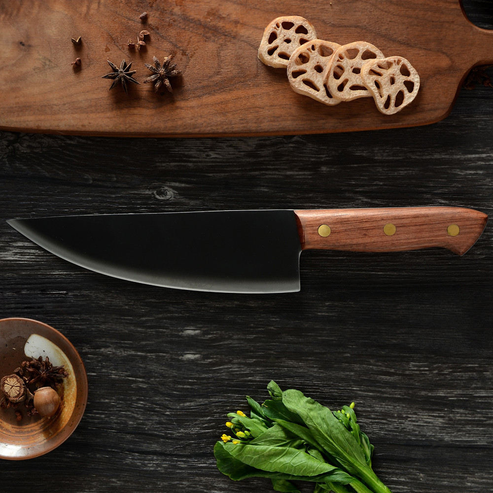 全黑色8寸中式厨师刀 棕色彩木手柄厨房家用锋利不锈钢切片小菜刀