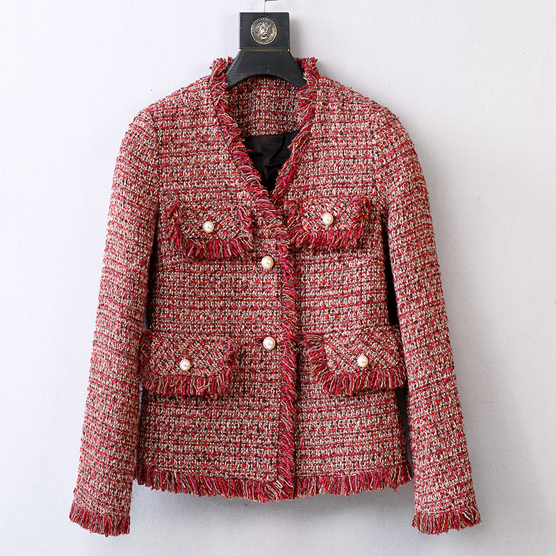 抖音直播供货 红色小香风外套女冬复古短款加厚名媛风粗花呢上衣