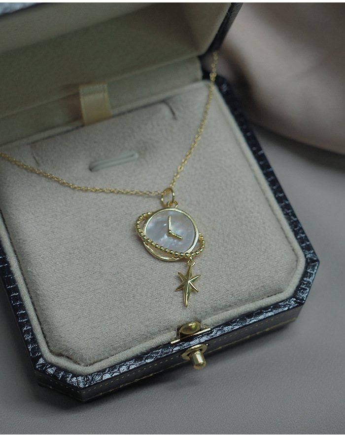 烨远 手作钟表星星项链925纯银镀金个性潮流锁骨链颈链女00123