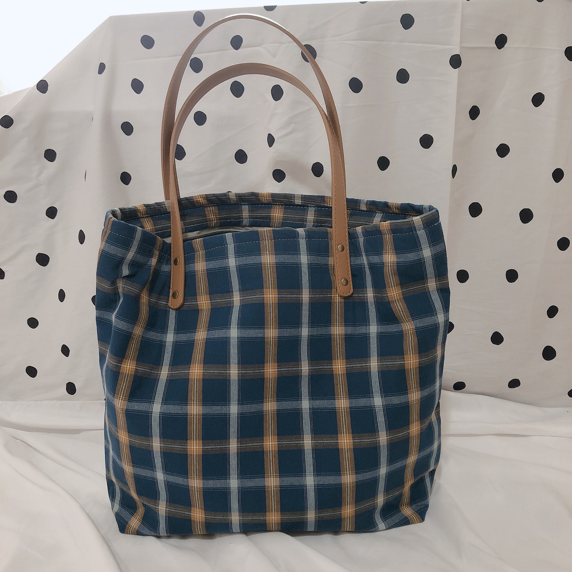 【归蝶布包】春夏新品格子布包女单肩文艺学生加厚大容量拉链棉布