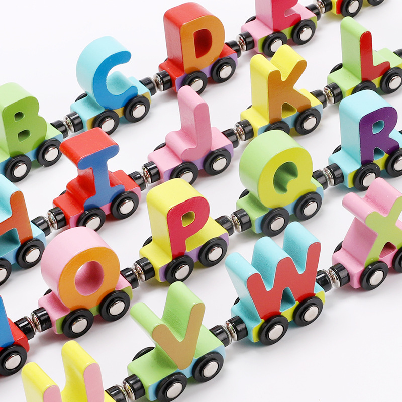 Wood Magnetic Digital Small Train Kindergarten Know Letters Assembled Drag Building Blocks Children's Toy Car 1-3 Years Old