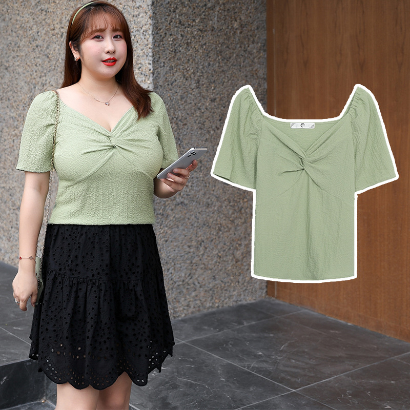 轩辰大码女装夏季韩版拧胸t恤胖妹妹加肥加大上衣女200斤洋气2041