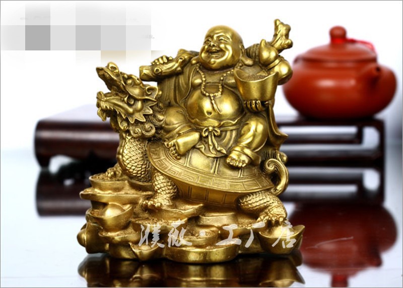 黄铜龙龟背笑佛摆件 黄铜弥勒佛布袋佛家居黄铜摆件