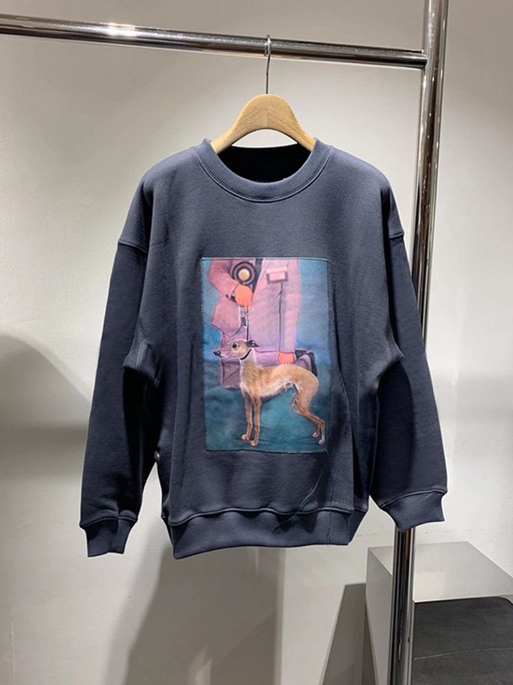 现货】瑞典小众20秋冬新款ac家笑脸小狗图案拼贴纯色休闲宽松卫衣