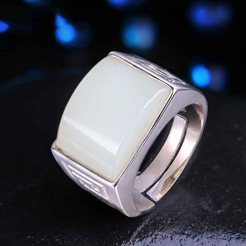 和田玉白玉男款戒指s925银玉石指环镶嵌玉戒指送证书玉器工艺品