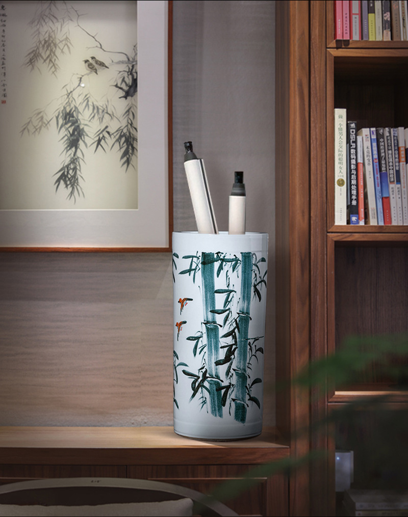 景德镇陶瓷手绘书画筒卷轴缸书房字画收纳缸客厅装饰花瓶摆件大号