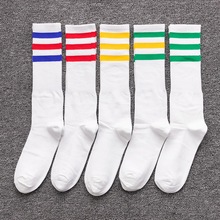 韩版男士街拍加长筒袜子条纹白黑纯色棉高筒帮时尚潮运动滑板足球